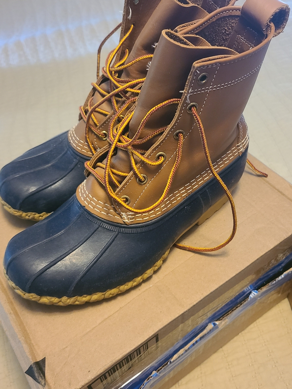 L.L. Bean Brown Leather and Blue Rubber Duck Boots Sz 10
